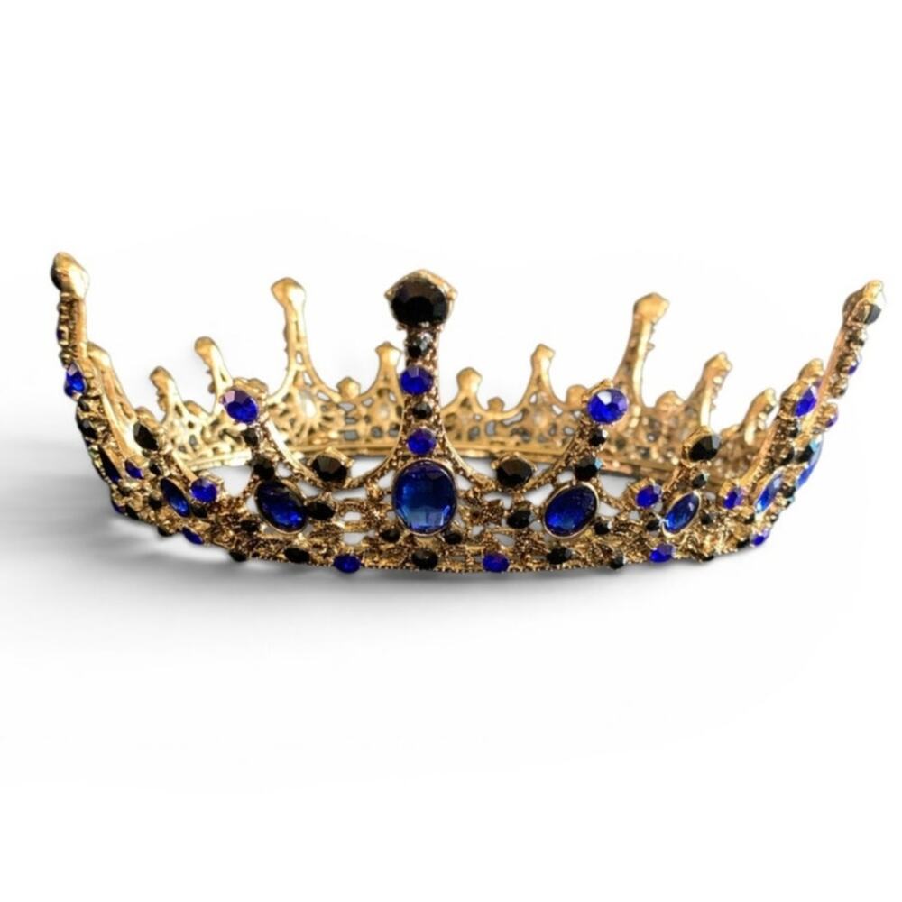 Blue Rhinestone Gold Tone Tiara Crown Pageant Costume Bridal Hairpiece